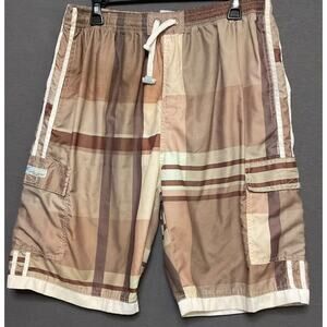 Banana Split XL Swim Shorts Brown Plaid Cargo Elastic Waist Mesh Lining